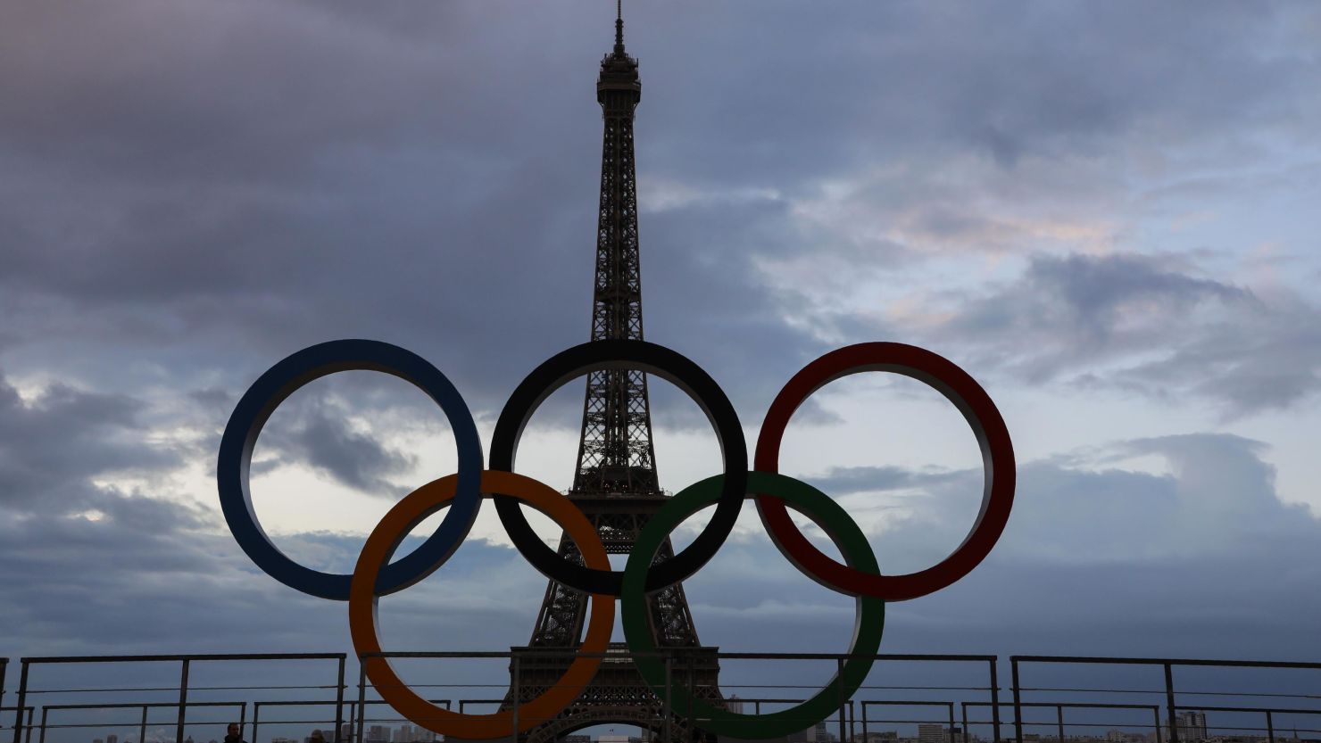 The Olympic rings installed on the Esplanade du Trocadero near the Eiffel tower following the Paris' nomination as host for the 2024 Olympics.