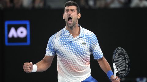 Djokovic celebrates during his quarterfinal against Andrey Rublev at the Australian Open.