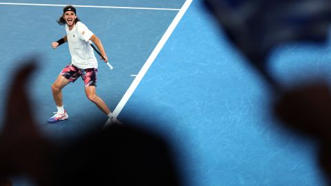 Tsitsipas celebrates a point against Jiri Lehka of Czech Republic during their quarterfinal at the Australian Open.
