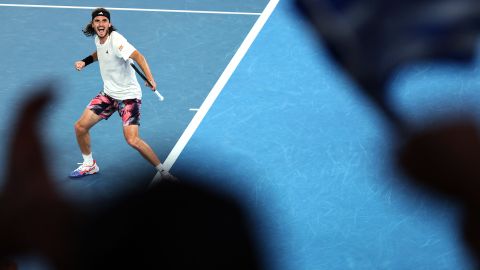 Tsitsipas celebrates after defeating Jiri Lehecka of the Czech Republic in the quarterfinals of the Australian Open.