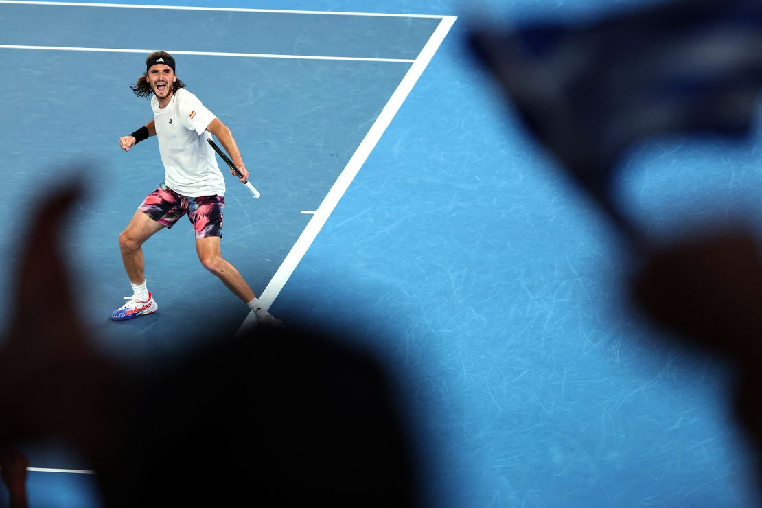 Tsitsipas celebrates a point against Czech Republic's Jiri Lehecka during their quarterfinal at the Australian Open.