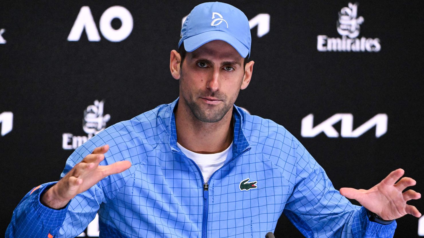 Novak Djokovic speaks to reporters after defeating Tommy Paul at the Australian Open. 