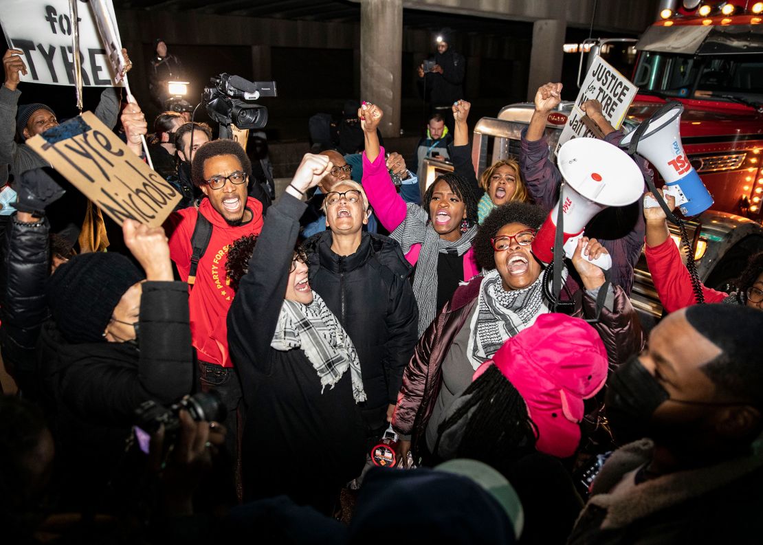 Protestors block traffic on the Interstate 55 bridge near downtown Memphis, Tennessee.