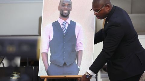  A photo of Tyre Nichols is positioned prior to a press conference on January 27, 2023 in Memphis, Tennessee.