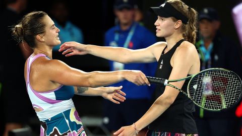 Sabalenka (L) embraces Rybakina after the match. 