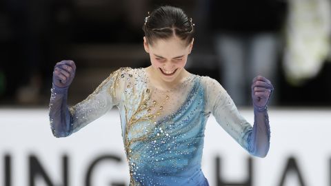 Isabeau Levito reacts following her skate during the Championship Women's Free Skate on day two of the 2023 TOYOTA U.S. Figure Skating Championships at SAP Center on January 27, 2023 in San Jose, California.