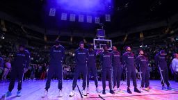 Jan 27, 2023; Minneapolis, Minnesota, USA; Memphis Grizzlies stand for a moment of silence for Tyre Nichols before the game against the Minnesota Timberwolves at Target Center. 
