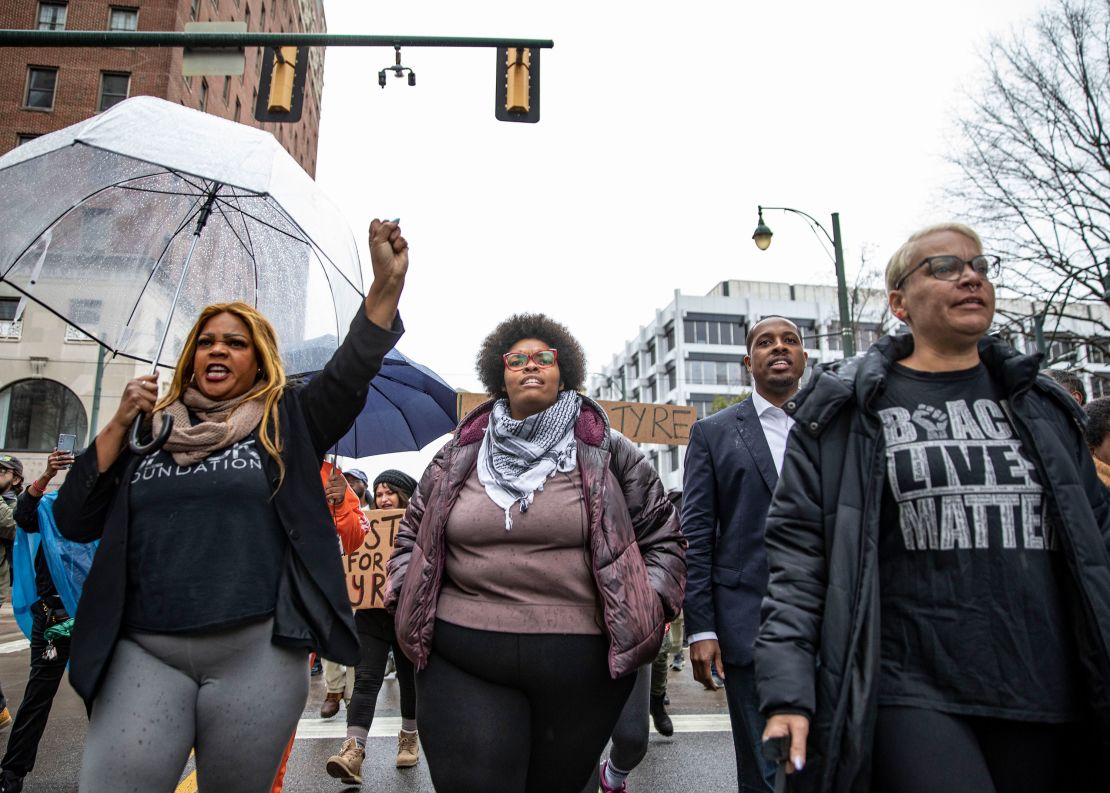 Organizers protest in front of the Memphis Police Department headquarters on Saturday, January 28, 2023.