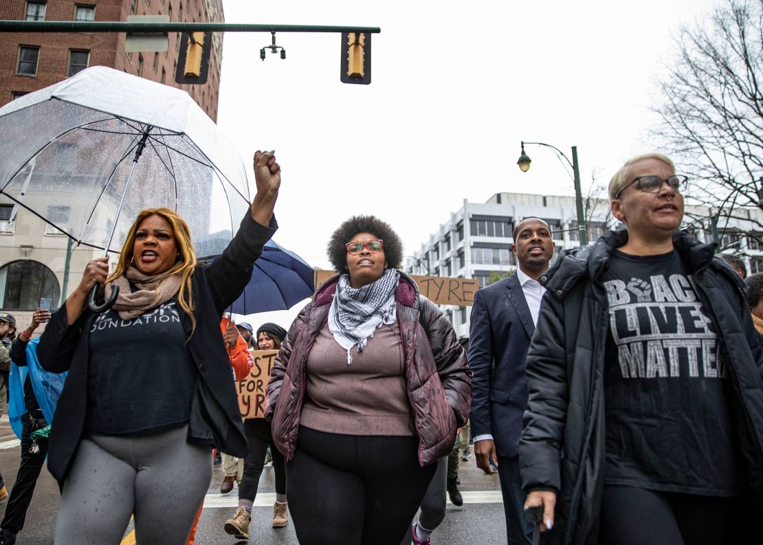 Organizers protest in front of the Memphis Police Department headquarters on Saturday, January 28, 2023. 