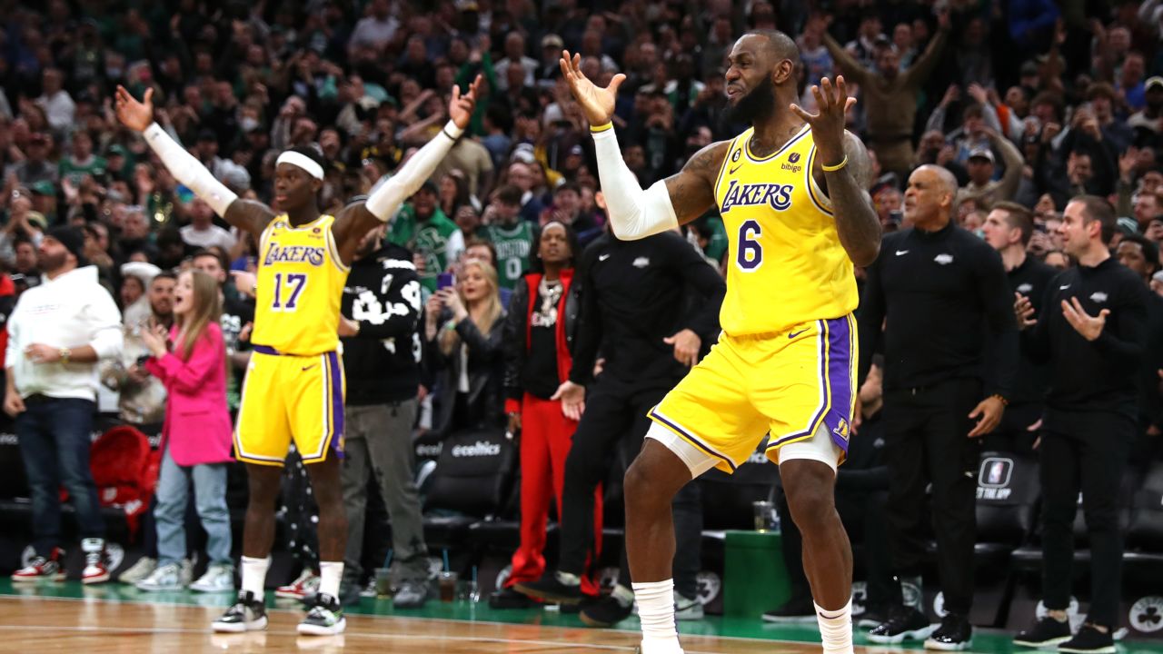 LeBron James protests a no-call at the end of regulation of the Lakers' loss against the Celtics.