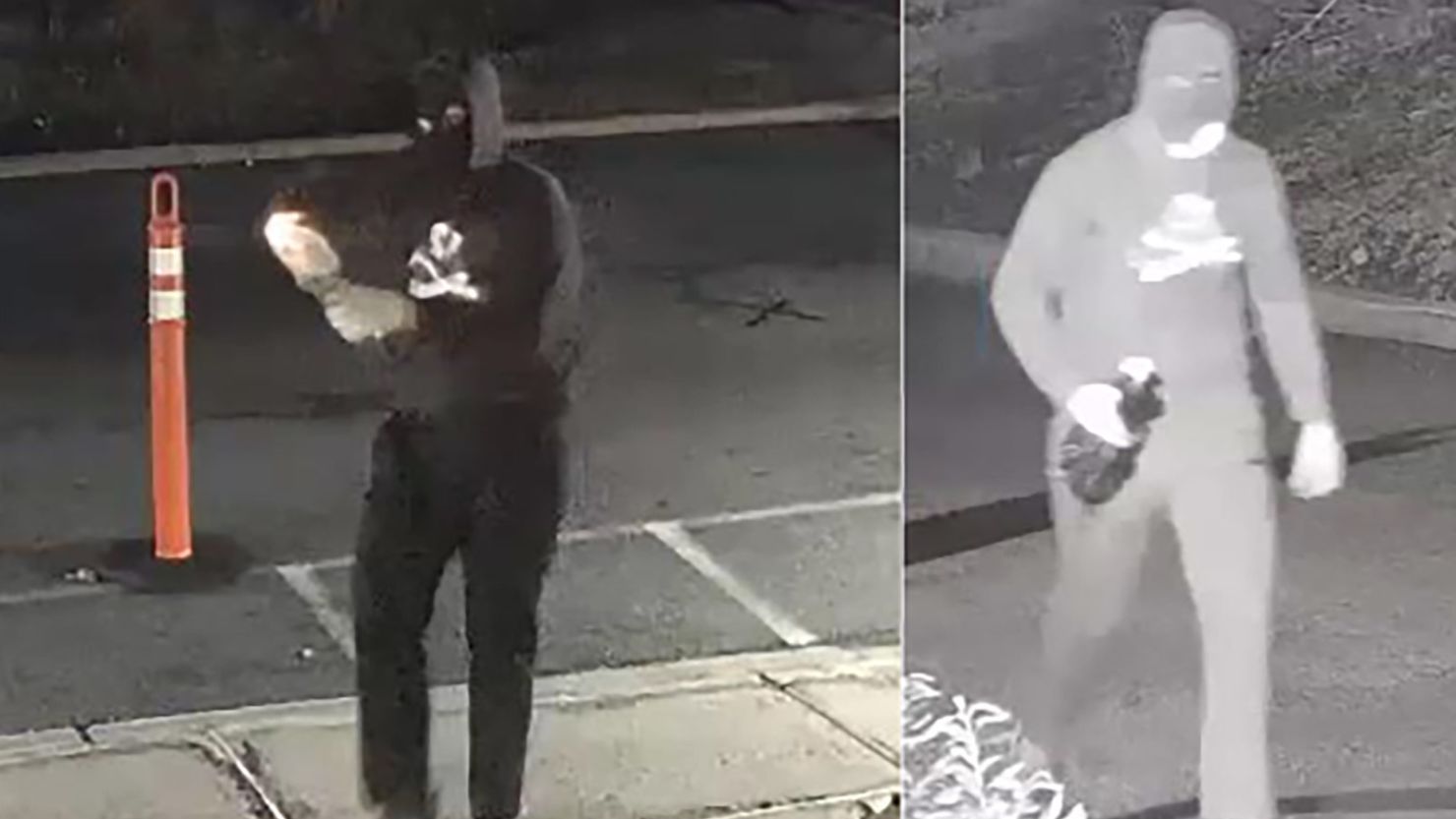 A masked suspect is seen lighting a Molotov cocktail in front of Temple Ner Tamid in a still image from surveillance footage in Bloomfield, New Jersey, on Sunday.