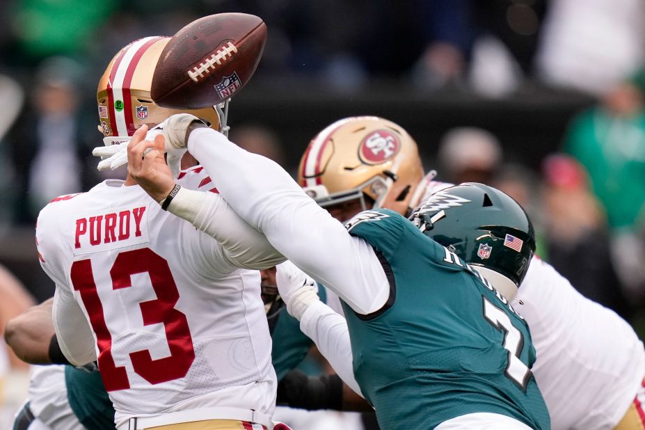 Philadelphia Eagles linebacker Haason Reddick causes San Francisco 49ers quarterback Brock Purdy to fumble during the NFC Championship. It was the Niners' first offensive drive and Purdy injured his elbow on the play. He left the game until the third quarter, when his backup Josh Johnson suffered a concussion. The Eagles won 31-7.