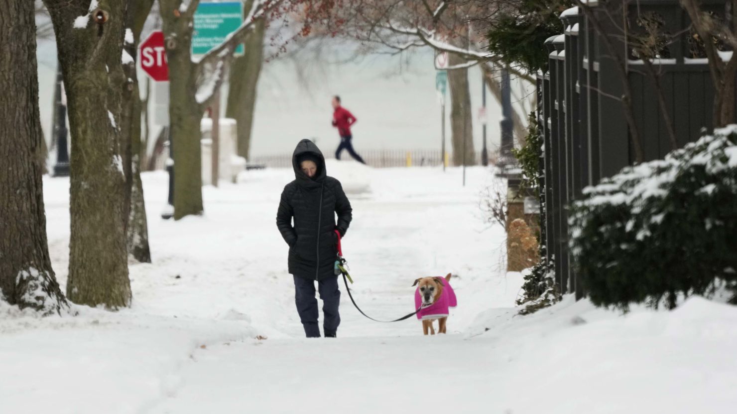 A woman takes a walk with her dog on a snow-covered sidewalk Sunday in Evanston, Illinois. 