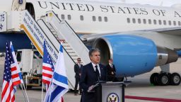 US Secretary of State Antony Blinken delivers a statement upon arrival at Israel's Ben Gurion Airport near Tel Aviv, on Monday. 