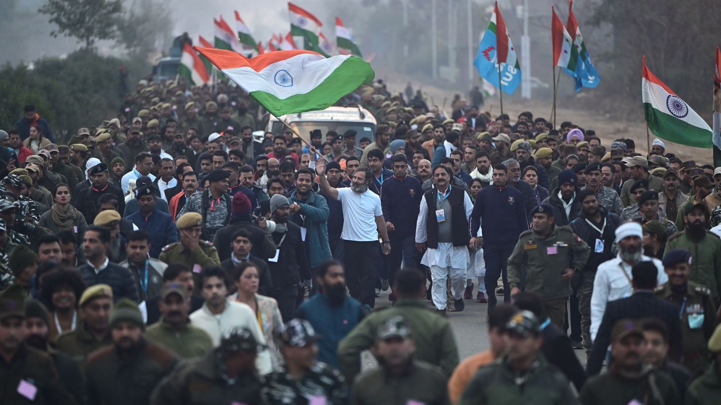 Congress leader Rahul Gandhi with supporters during the party's Bharat Jodo Yatra march in the Samba District on January 22.