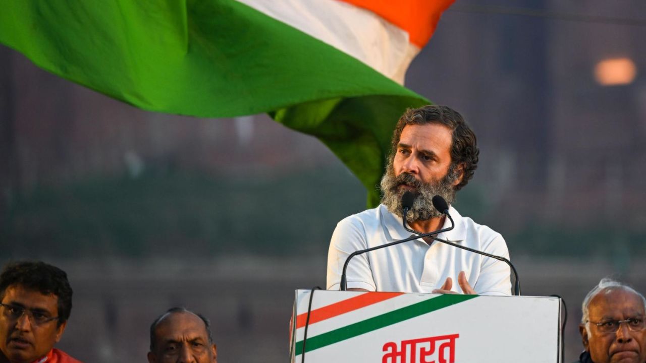 Rahul Gandhi speaks during an event at New Delhi's Red Fort on December 24, 2022.