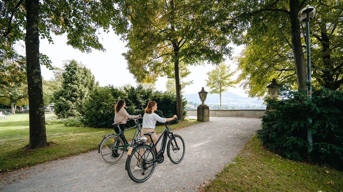 The Rose Garden in Bern is a popular spot for bicyclists. While synonymous with roses, it also features irises, rhododendrons and other types of flowers.