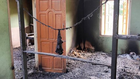 Debris on the floor of a damaged school building in Sagaing, Myanmar after it was attacked by the military, photographed on September 17, 2022.