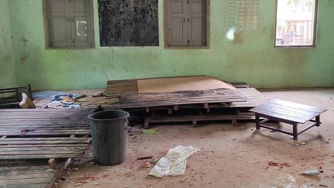 Debris and bloodstains on the floor of a Sagaing school attacked by Myanmar's military, pictured September 17, 2022. 