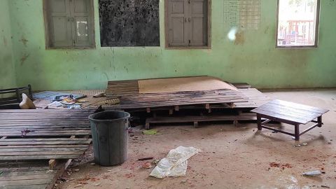 Debris and bloodstains on the floor of a Sagaing school attacked by Myanmar's military, pictured September 17, 2022.