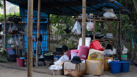 Internally displaced people living in makeshift jungle shelters in Myanmar's Karen state, near the border with Thailand, on January 16, 2023. 