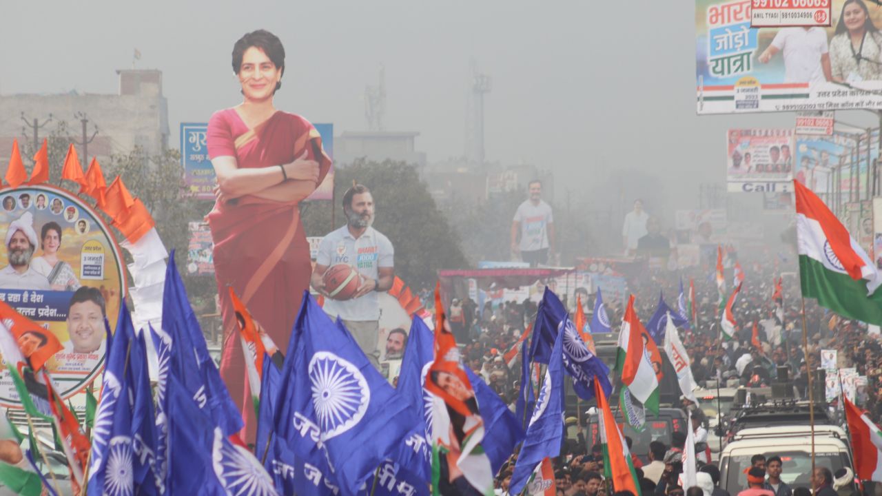 "I'm often asked by people, 'Why are you walking?'" one yatri told me, recounts Manish Khanduri. "My response is, 'Given the state of affairs in this country, why are you not walking?'" (Pictured above: Crowds gathered for Congress leaders Rahul Gandhi and Priyanka Gandhi Vadra on the Yatra's path on January 3 in Ghaziabad, India.)