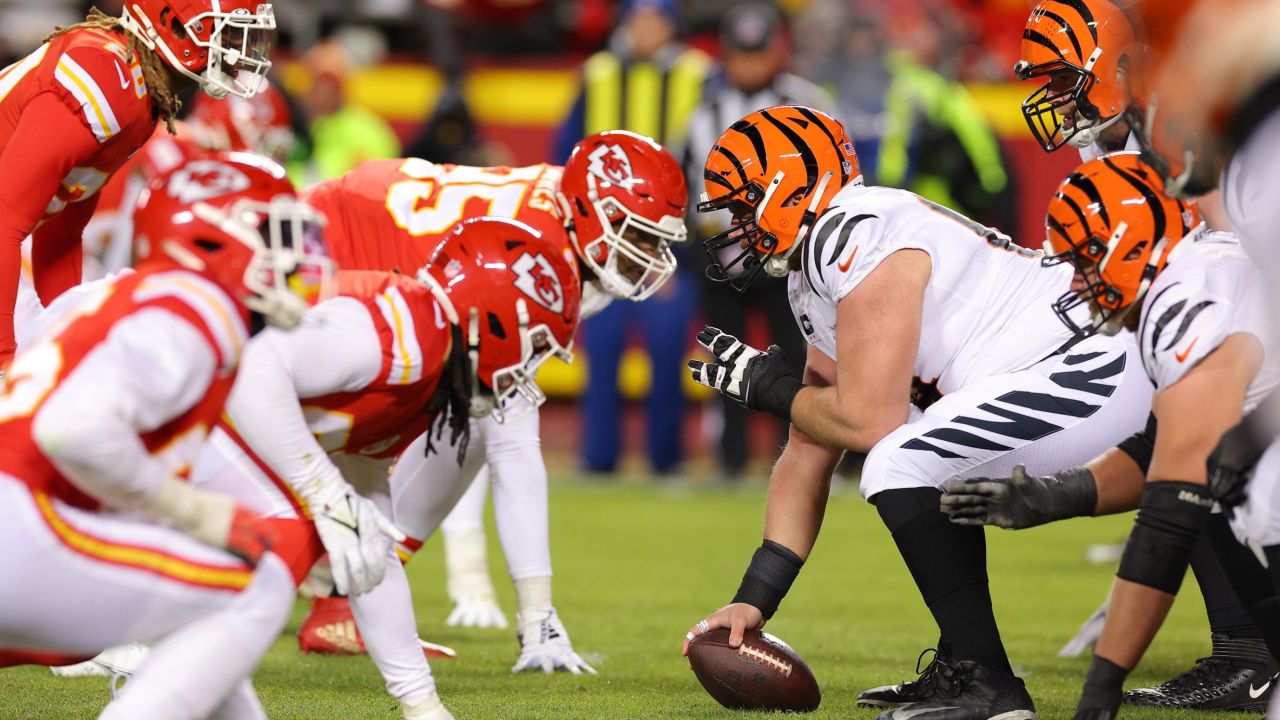 A general view at the line of scrimmage between the Kansas City Chiefs and Cincinnati Bengals in the AFC Championship Game at GEHA Field at Arrowhead Stadium on January 29, 2023 in Kansas City, Missouri.