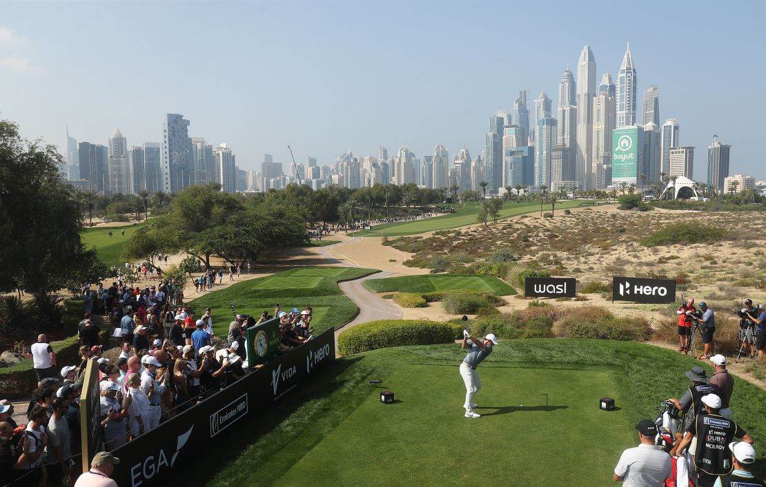 McIlroy tees off during the Hero Dubai Desert Classic.