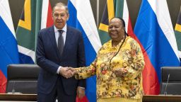 PRETORIA, SOUTH AFRICA - JANUARY 23: Russian Foreign Minister Sergey Lavrov (L) meets South African Foreign Minister Naledi Pandor (R) during his official visit in Pretoria, South Africa on January 23, 2023. (Photo by Ihsaan Haffejee/Anadolu Agency via Getty Images)