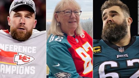 From left: Travis Kelce, Donna Kelce, Jason Kelce. Donna Kelce will officially become the first mother to have two sons play against each other in the Super Bowl.