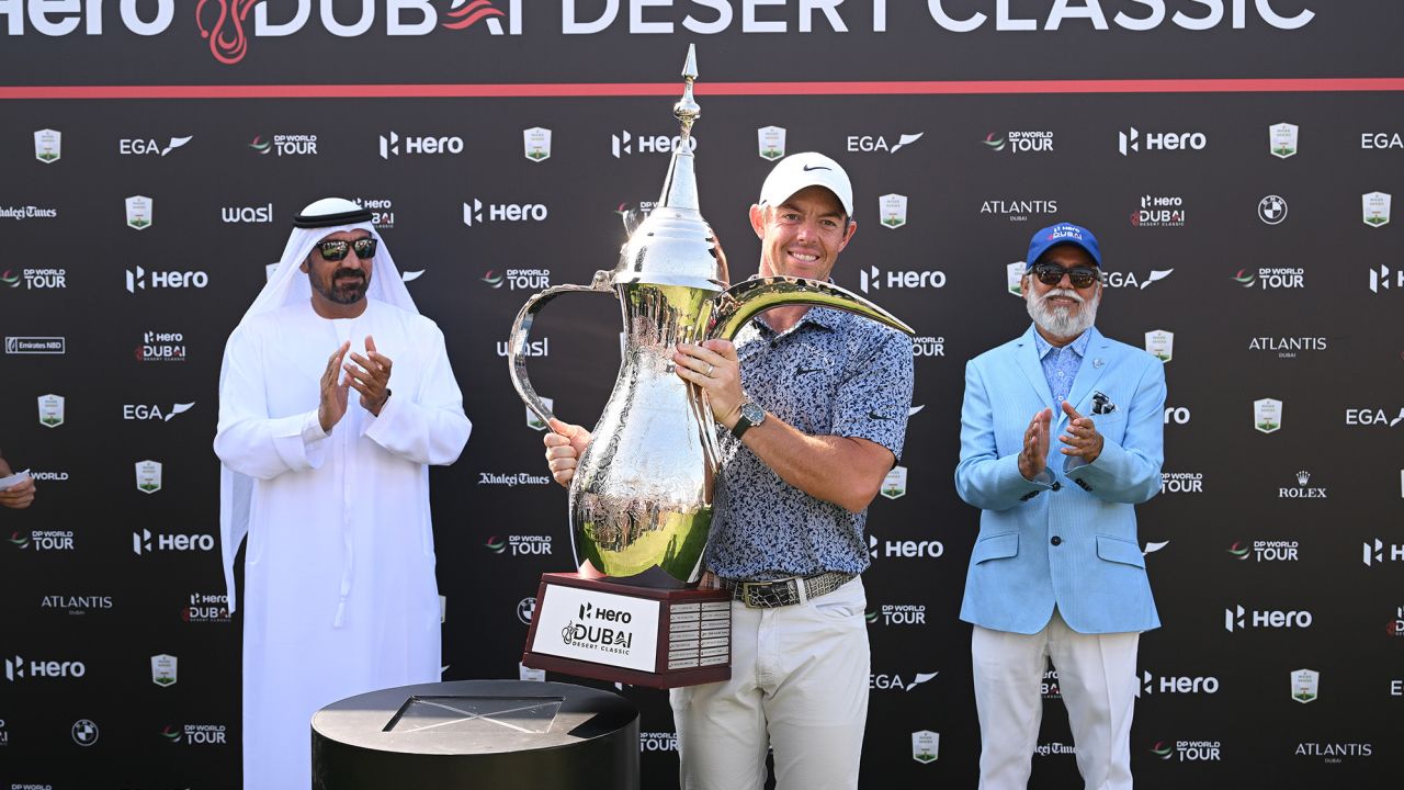 McIlroy celebrates his first victory of 2023 after winning the Hero Dubai Desert Classic.