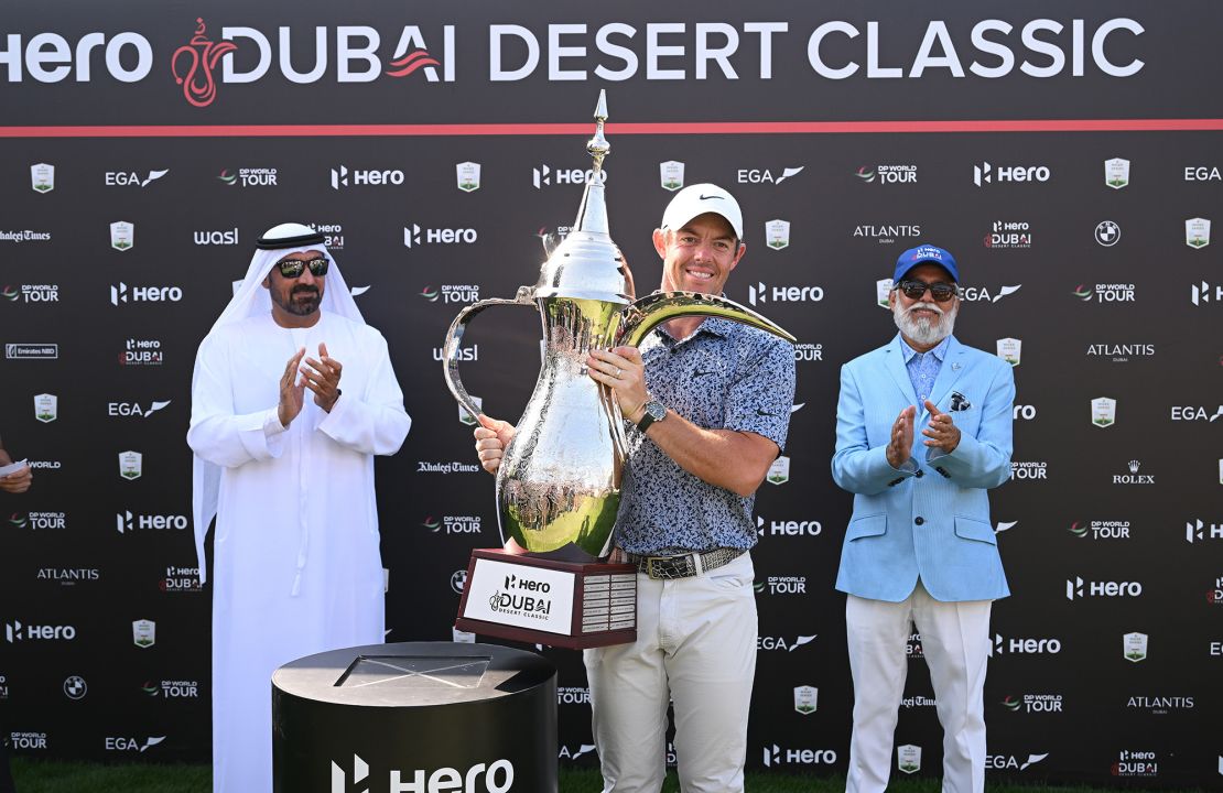 McIlroy celebrates his first victory of 2023 after winning the Hero Dubai Desert Classic.