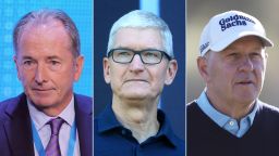 Morgan Stanley CEO James Gorman (left), Apple boss Tim Cook (middle) and Goldman Sachs CEO David Solomon (right) are among the leaders whose pay has been clipped in recent weeks. 