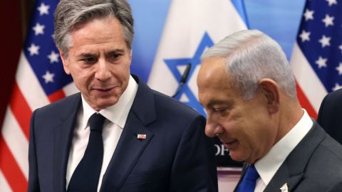 US Secretary of State Antony Blinken (L) and Israeli Prime Minister Benjamin Netanyahu are pictured during a joint press conference, on January 30.