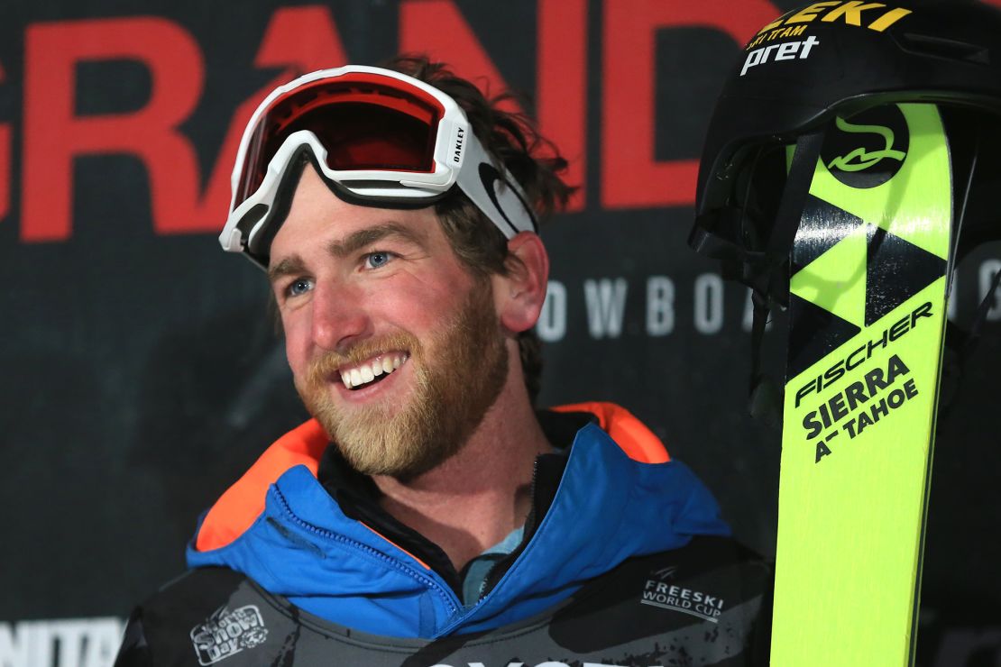 Smaine looks on from the podium after finishing in first place in the final round of the FIS Freeski World Cup 2018 men's ski halfpipe during the Toyota US Grand Prix on January 19, 2018 in Mammoth, California.
