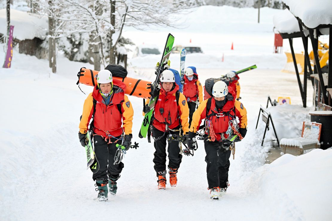 Searching operation by Nagano Prefecture Police begins at Tsugaike Kogen Ski Resort on January 30, 2023 in Otari, Japan after two foreign skiers were found unconscious while three others descended the mountain safely on their own. 