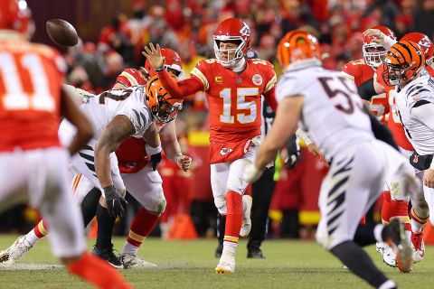 Kansas City Chiefs quarterback Patrick Mahomes throws a pass in the fourth quarter of the AFC Championship against the Cincinnati Bengals. Mahomes led his team to a 23-20 victory.