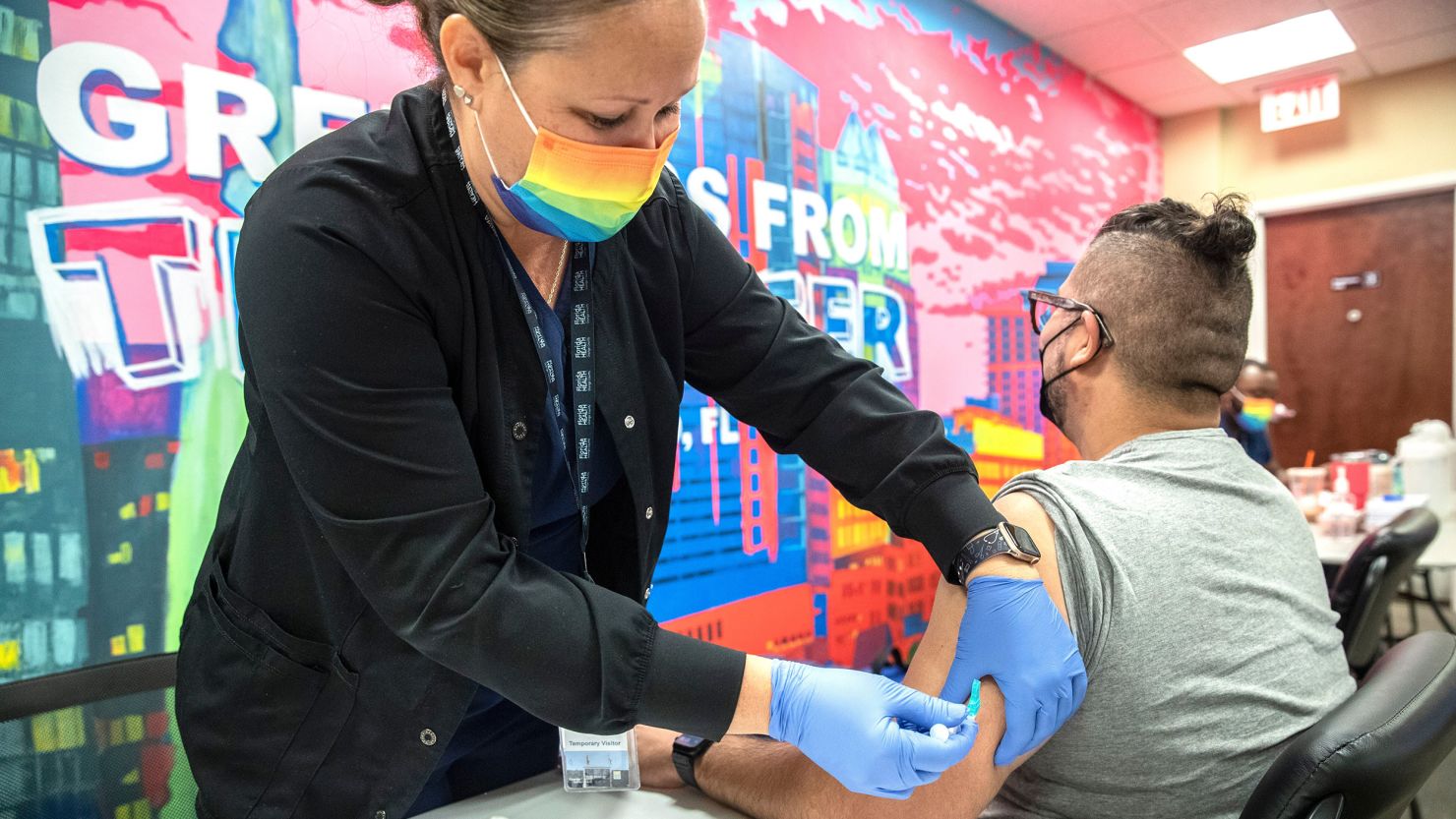 Kerri Phithibeault gives Danny Garcia a mpox vaccination in Orlando, Florida, in August.