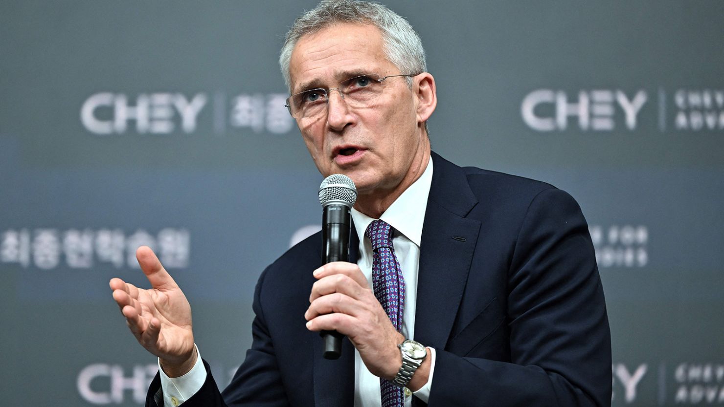 NATO Secretary General Jens Stoltenberg speaks during a conversation at Chey Institute in Seoul on January 30, 2023. 