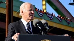 US President Joe Biden delivers remarks on how the Bipartisan Infratructure Law will provide funding to replace the 150 year old Baltimore and Potomac Tunnel, at the Baltimore and Potomac Tunnel North Portal in Baltimore, Maryland, on January 30.