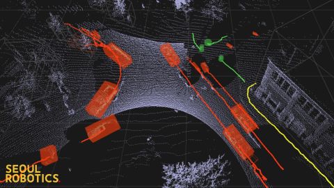 In partnership with software company Seoul Robotics and UT Chattanooga, the city installed laser imaging technology at two busy intersections. The paths of pedestrians (green), vehicles (red), and bicyles (yellow) are tracked to register near misses and inform safety upgrades.