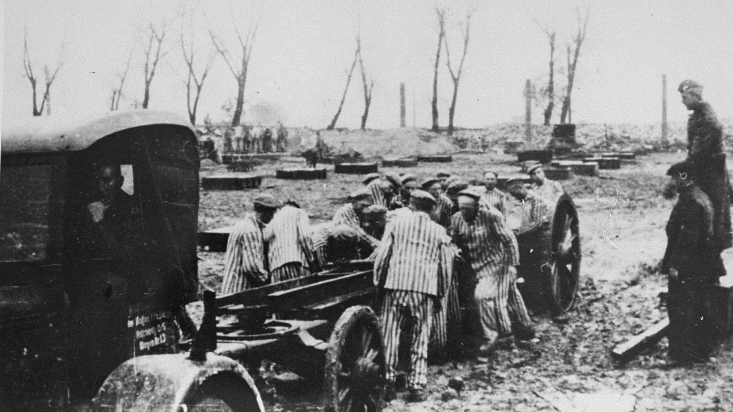 Forced laborers construct the Krupp factory at Auschwitz during World World II.