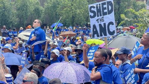 South Africa's opposition Democratic Alliance protests at the headquarters of the ruling ANC against power cuts in the country