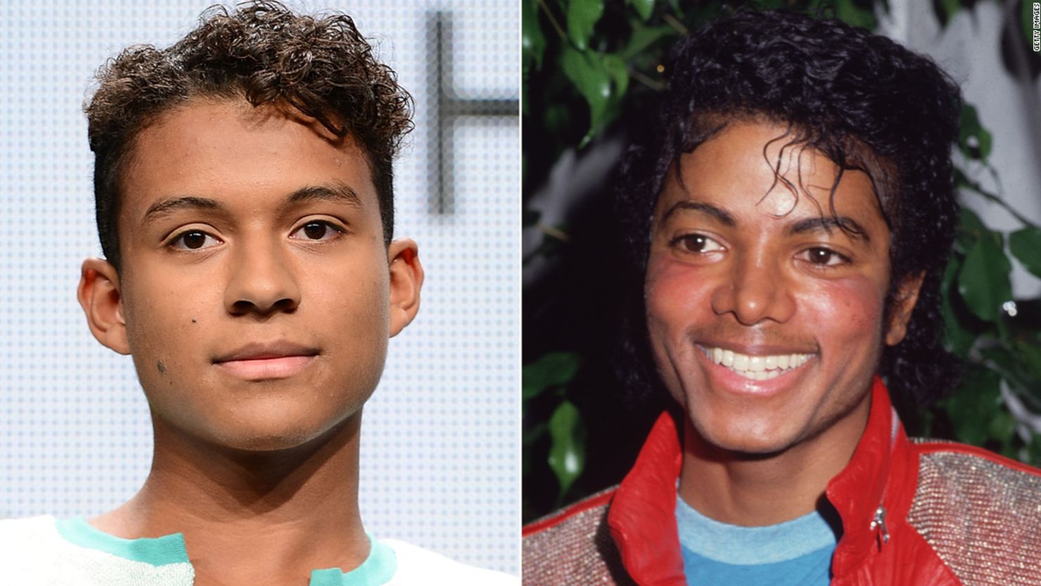 Jaafar Jackson, left, pictured at an event in Beverly Hills in 2014, has been cast to play his uncle, the late Michael Jackson, right, pictured in Los Angeles in 1983.