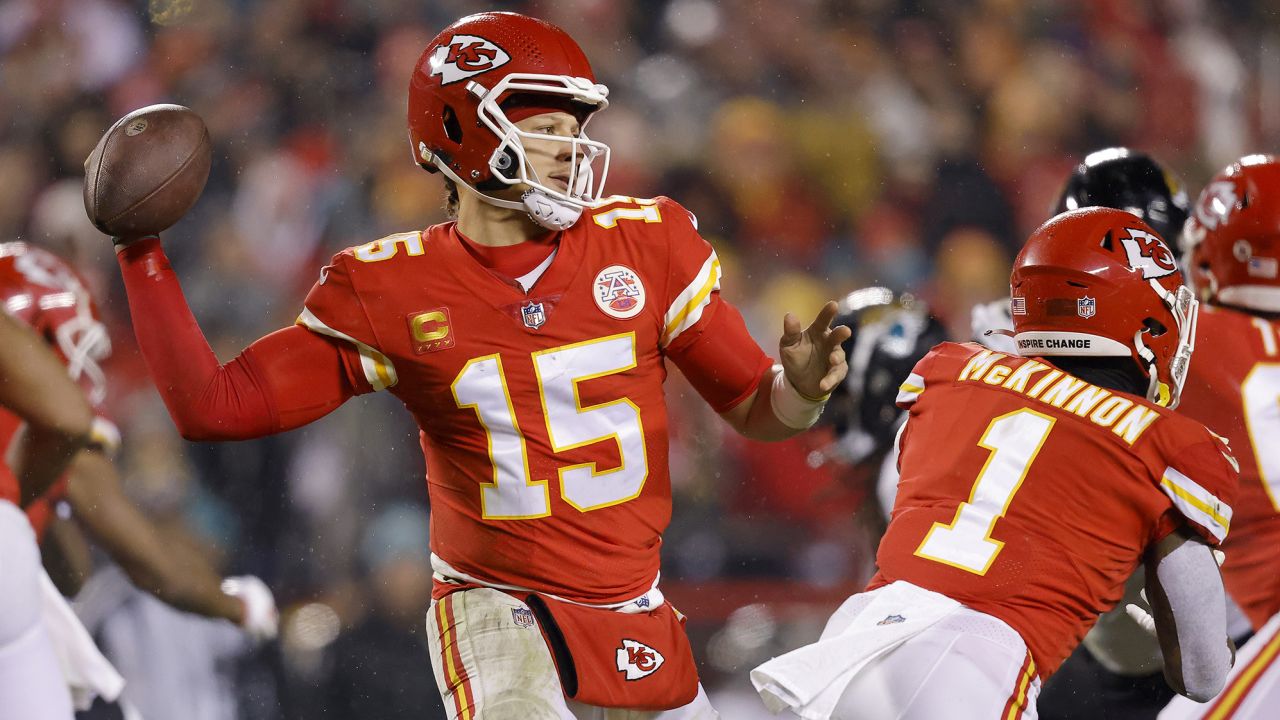 Mahomes looks for a pass against the Jacksonville Jaguars earlier this year.