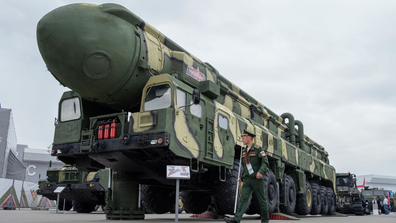 The RT-2PM2, Topol-M, is one of the most recent intercontinental ballistic missiles to be deployed by Russia. Russian international military expo Army Expo 2022 at Patriot park in Kubinka, Moscow, Russia, on August 20, 2022.