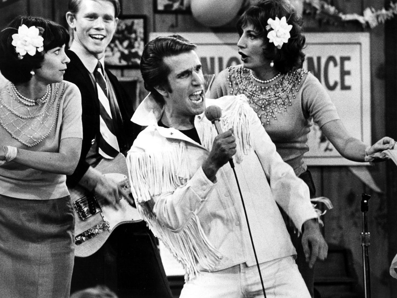 From left: Williams, Howard, Winkler and Marshall on the set of the television sitcom "Happy Days," which ran from 1974 to 1984.