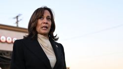 US Vice President Kamala Harris speaks after paying tribute to the victims of the mass shooting in front of a makeshift memorial at the Star Ballroom Dance Studio in Monterey Park, California, on January 25, 2023.