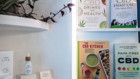 Books related to CBD at the Found cafe in Hong Kong on August 11, 2022.