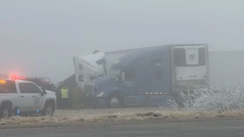 Jackknifed tractor-trailers blocked Interstate 10 in Reeves County, Texas, on Tuesday. 